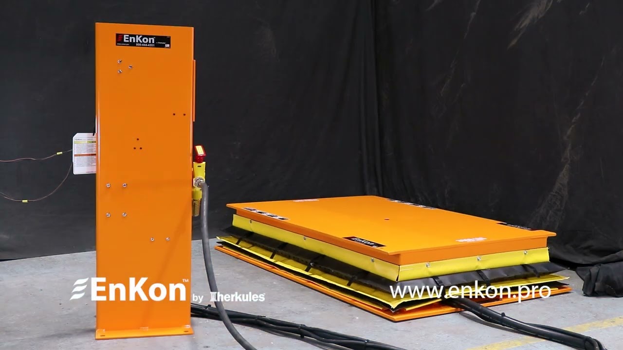 v1645 02 enkon heavy duty pneumatic scissor lift table roller conveyor system precise repeatability
