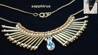 【ビーズステッチ】フェザーモチーフのビーズネックレス☆作り方　ヘリンボーンステッチ Feather Beaded Necklace/Bugle beads/DIY/Tutorial/seed bead