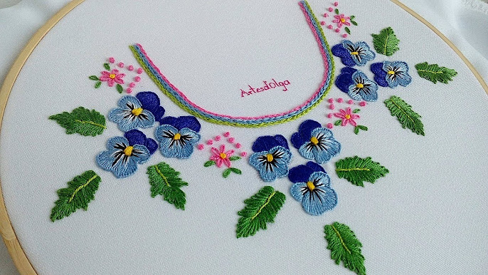 Hand Embroidery: Lazy daisy stitch neck design  Bordado a mano: Cuello con  puntada margarita 