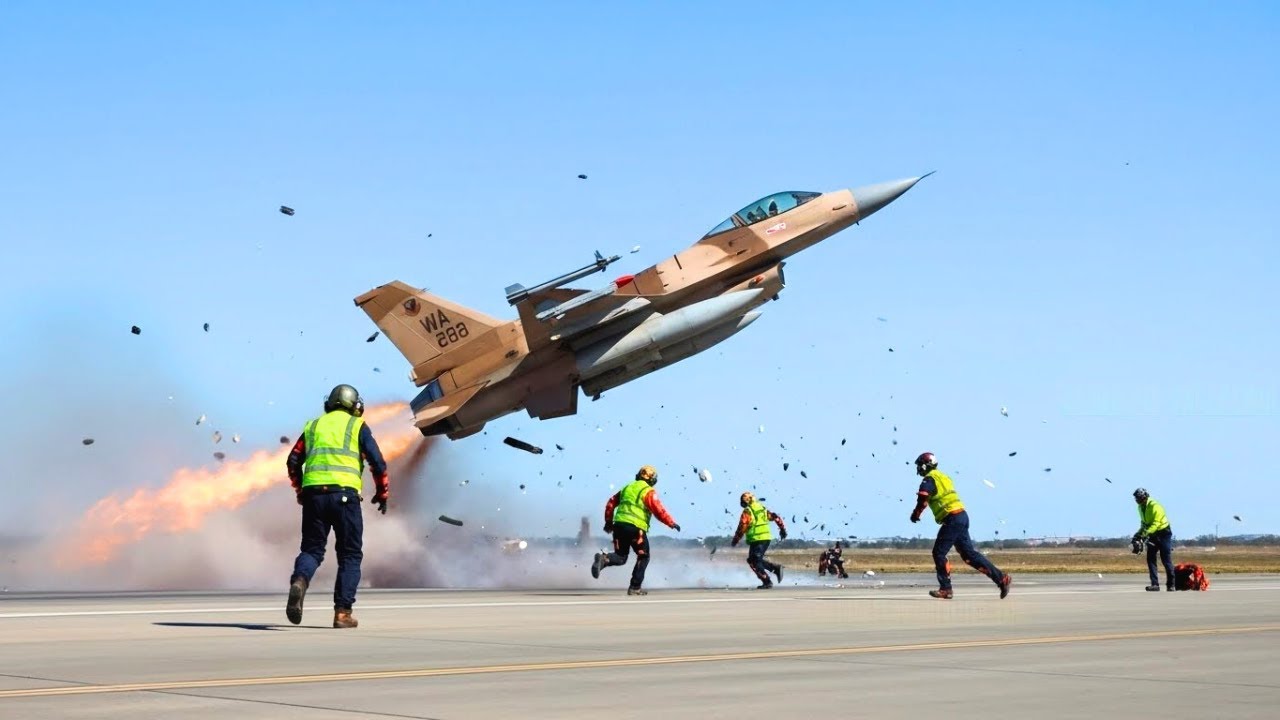 Женщина-пилот американского истребителя F-16 взлетает на полной скорости в экстренной ситуации.