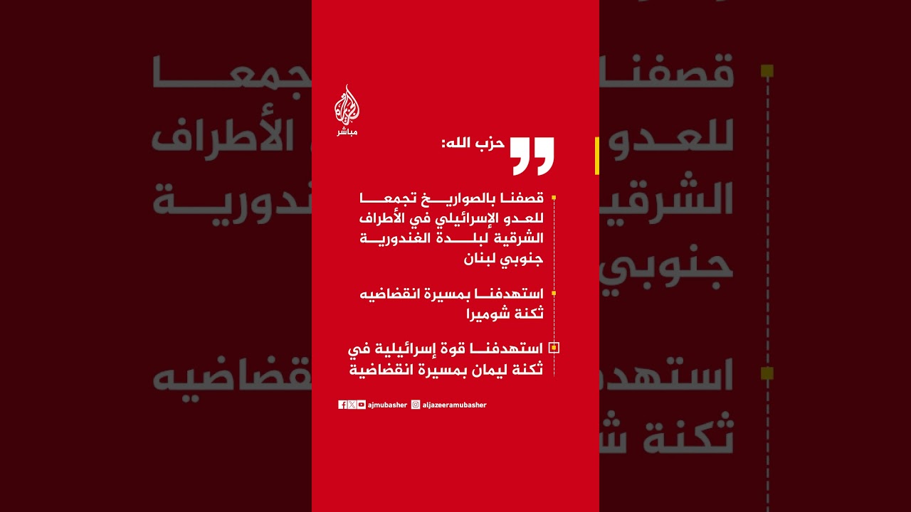 حزب الله: قصفنا بالصواريخ تجمعا للعدو الإسرائيلي في الأطراف الشرقية لبلدة الغندورية جنوبي لبنانز