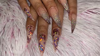 Watch Me Work: Iridescent/Holo Glitter Ombre and Encapsulated Holo Leaves Refill/Repair Long Nails