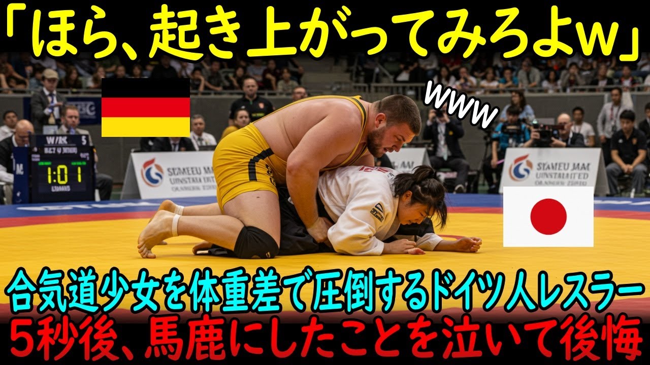 【海外の反応】「合気道？体重差の前では無力w」合気道少女を見下すドイツ人の男性レスラー……男性レスラーの圧勝間違いなしと言われた試合で完敗し、母国へ逃げ帰ることに
