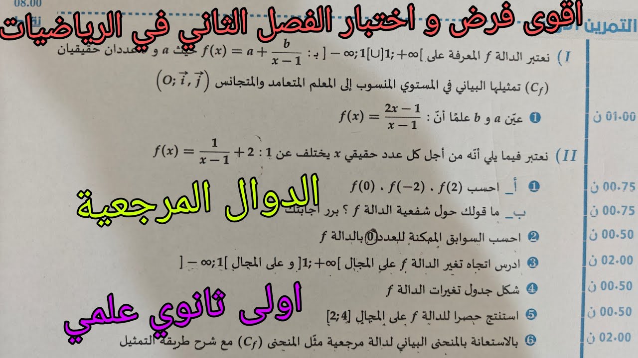 اقوى فرض و اختبار الفصل الثاني في الرياضيات (الدوال المرجعية)اولى ثانوي علمي 