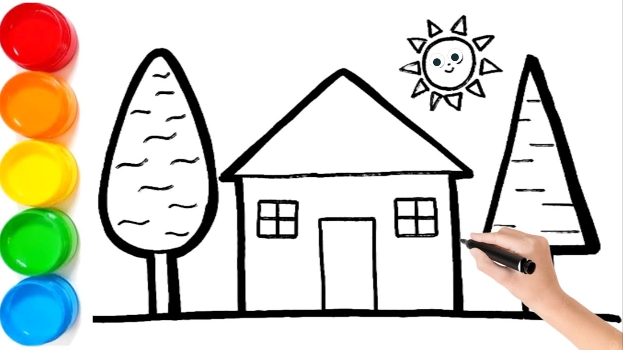 Как нарисовать дом, солнце, дерево. Раскраска для детей | Простая раскраска для малышей