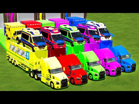 AMBULANCE VS CONCRETE MIXER VS JOHN DEERE VS VALTRA VS FIRE RESCUE TRUCKS! Farming Simulator 22