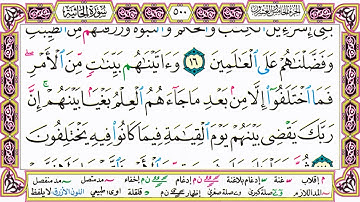 القرآن الكريم مقسم صفحات | الشيخ حاتم فريد | سورة الجاثية | صفحة 500 مكتوبة | مصحف التجويد الملون