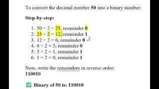 Convert Decimal number 50 to Binary number