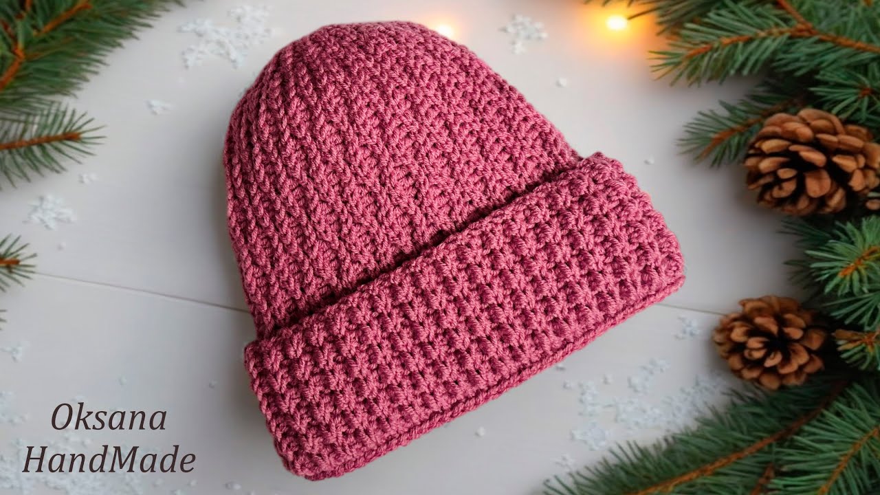 💗Шапка крючком с отворотом. WOMEN'S CROCHETED HAT