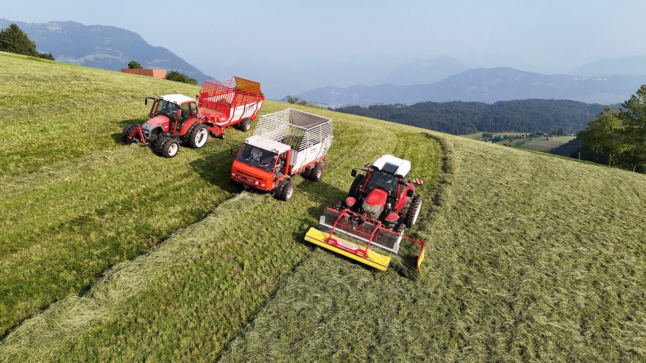 Heuernte am Hang mit Transporter, Bandschwader und Ladewagen 🇨🇭⛰️