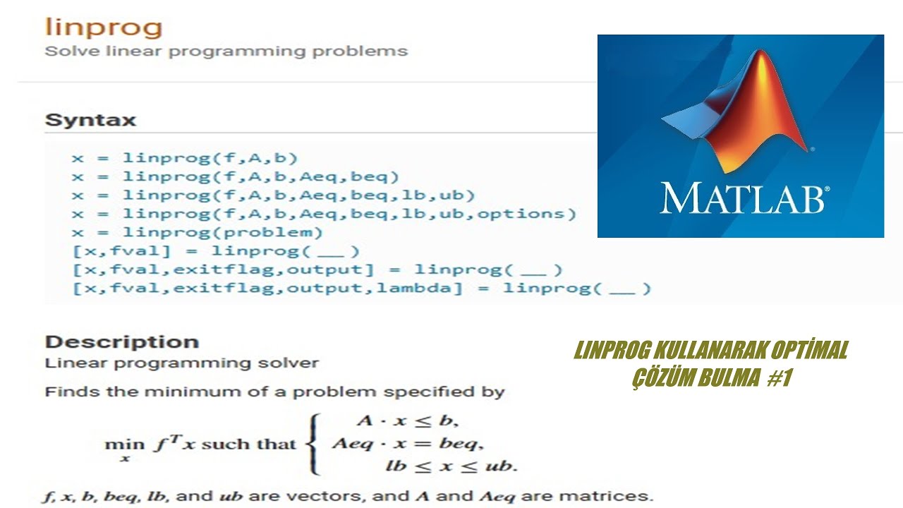 Matlab Linprog Komutuyla Optimal Çözüm Bulma - YouTube