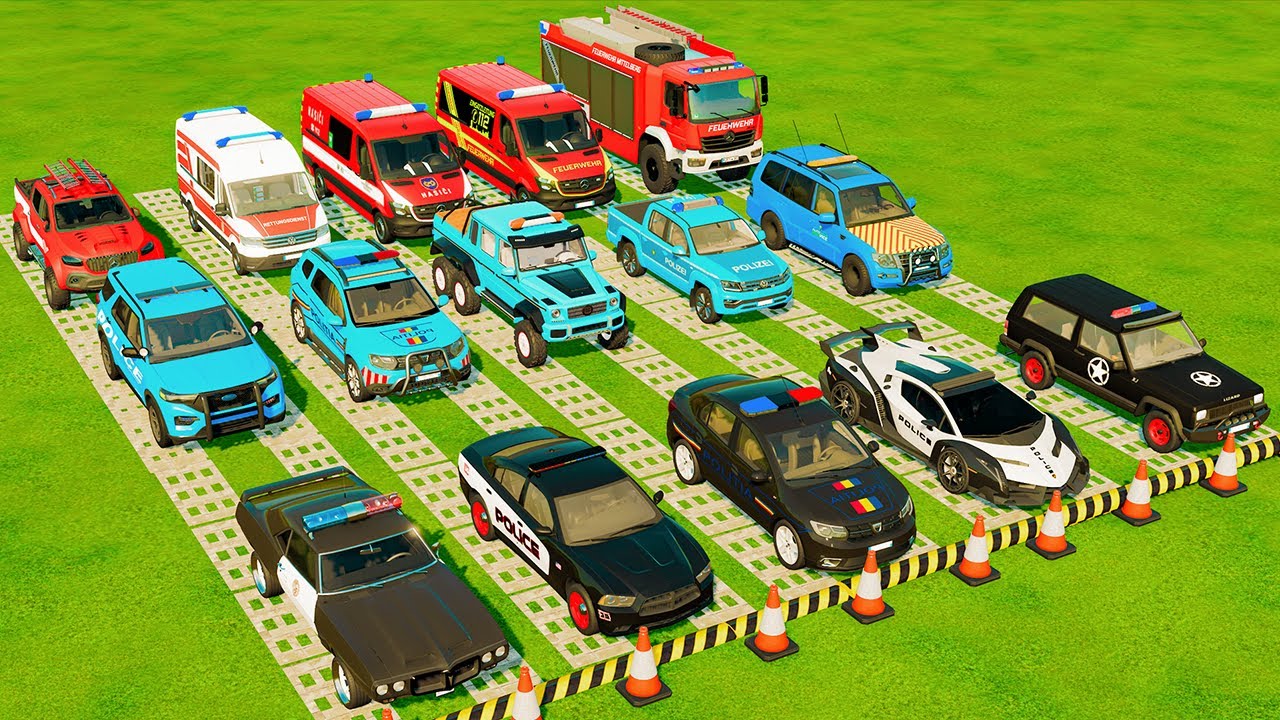 TRANSPORTING POLICE CARS, AMBULANCE, FIRE TRUCK, COLORFUL CARS WITH TRUCK -FARMING SIMULATOR 22!