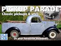 A parade of classic pickups - pickup trucks from Austin, Morris, Bedford, Chevy, Ford & other makers