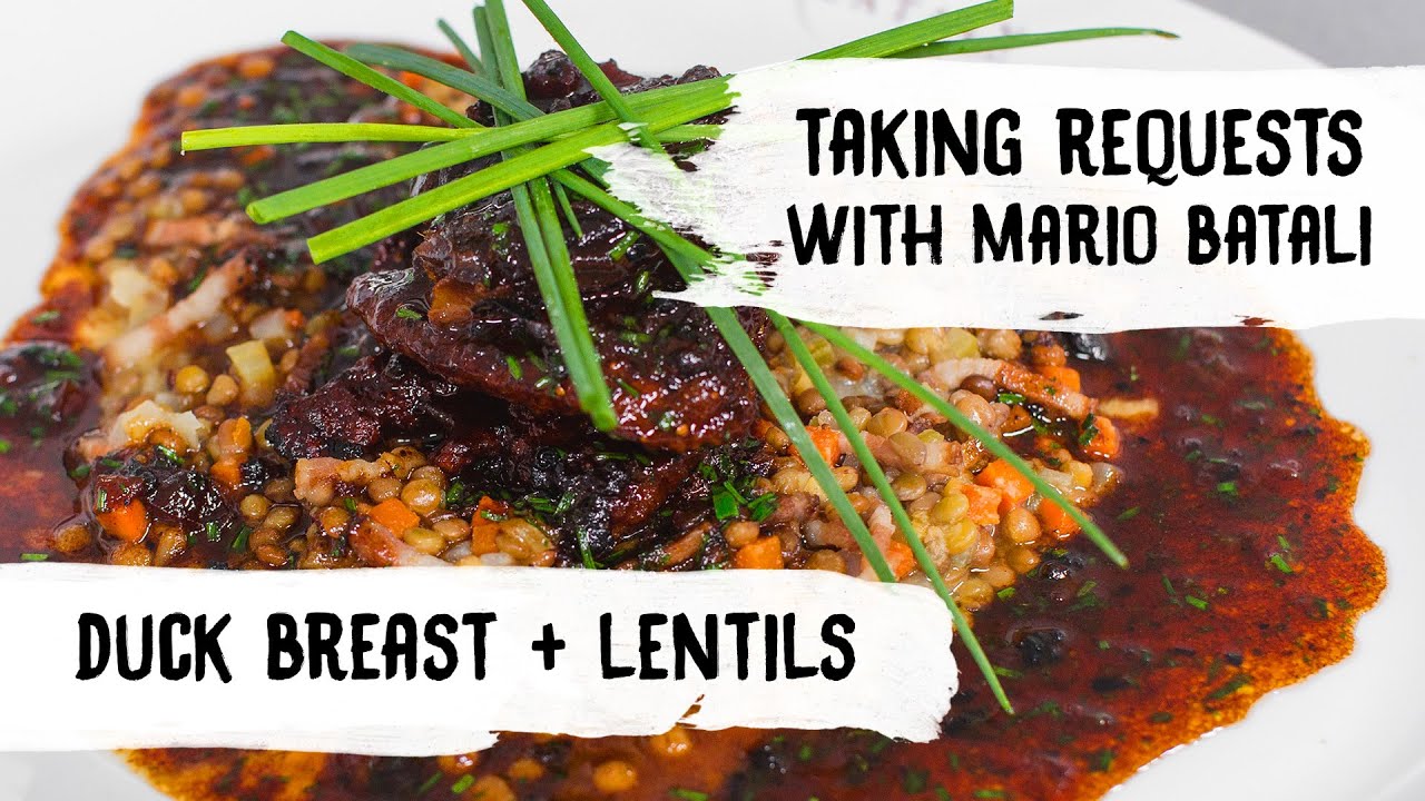 Mario Batali Cooks Crispy Duck Breast with Lentils + Bacon - YouTube