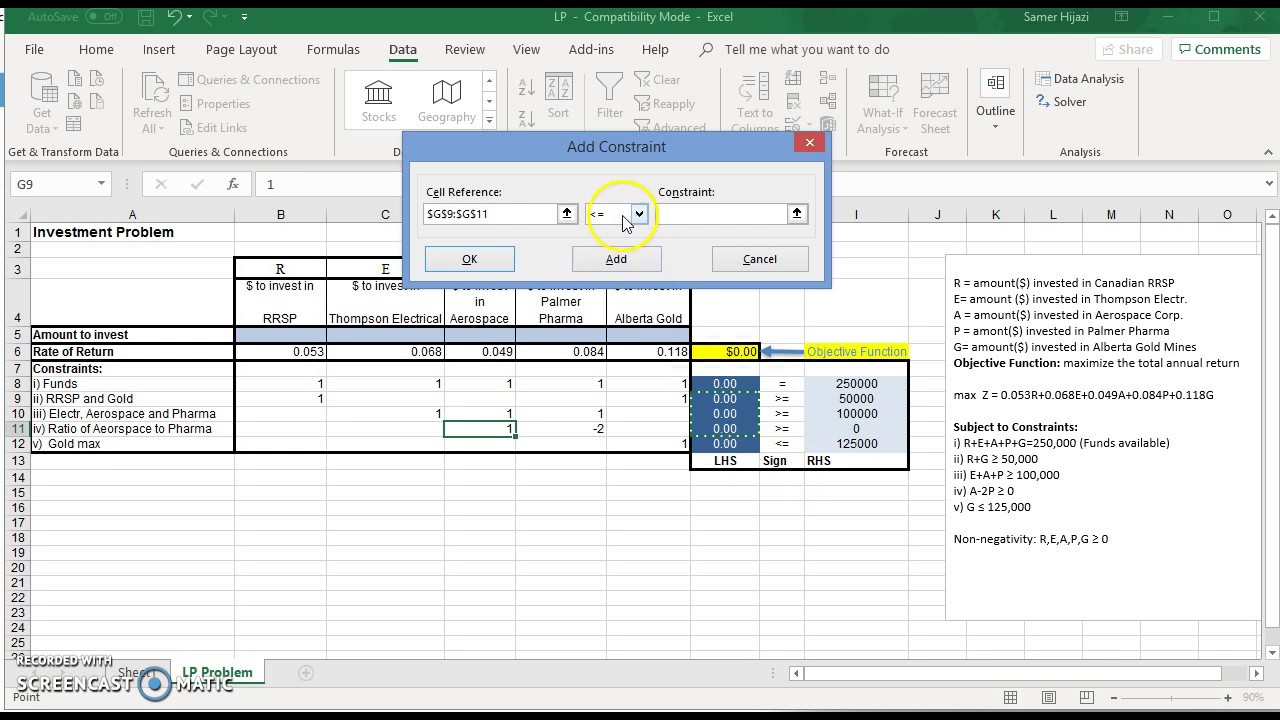 solving linear programming problem using excel solver