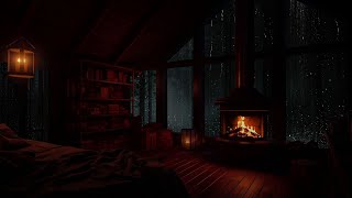 Cozy Attic Room Ambience w/ the Rain in the Mysterious Forest and Crackling Fireplace at midnight