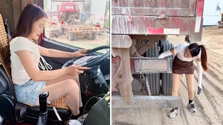 Female Truck Driver Xia Dumping Gravel And Hands-On Maintenance