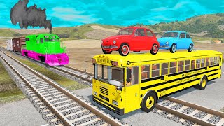 Flatbed Trailer Tractor Truck Rescue Bus with Crane -Cars vs Double Rails and Trains - BeamNG.Drive