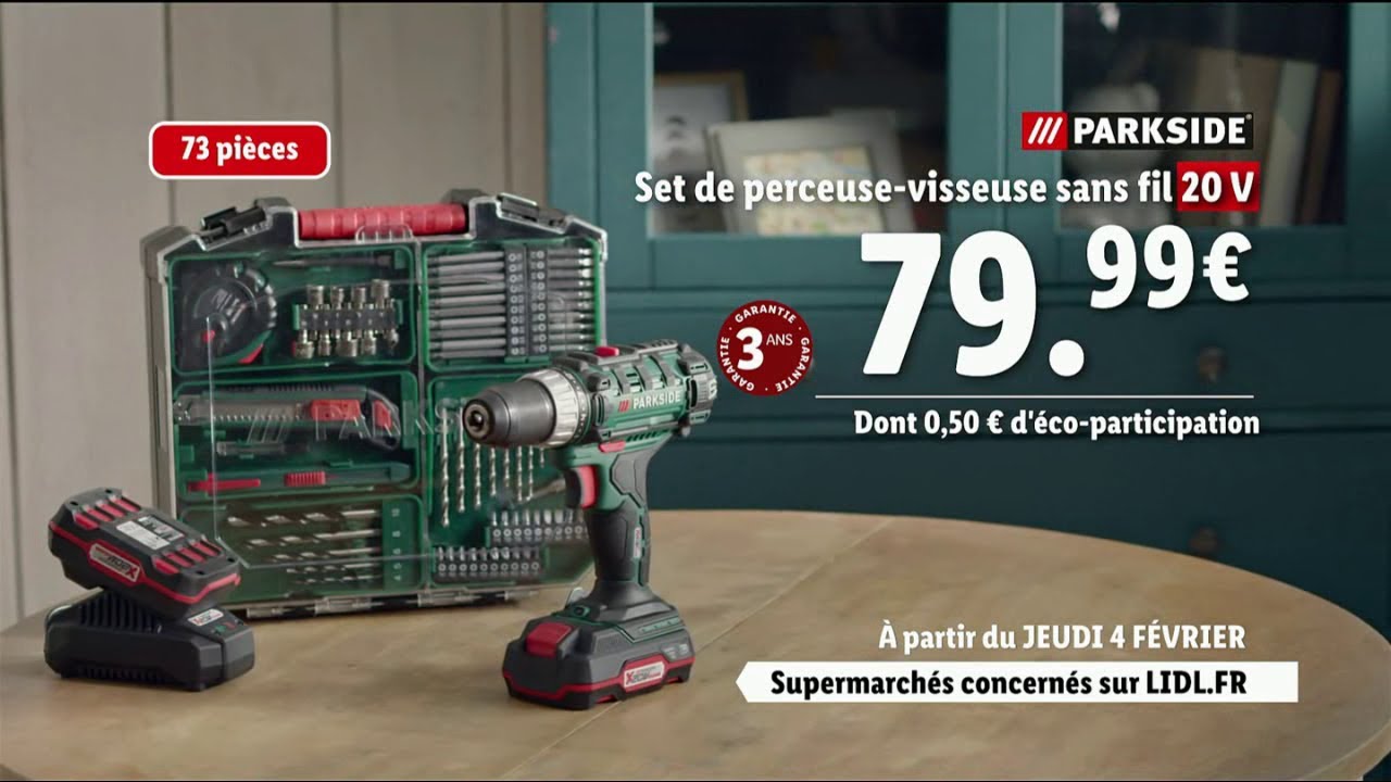 Lidl Set de perceuse-visseuse sans fil 20V Parkside jeudi 4 février 2021  Pub 30s 