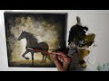 How to Acrylic Painting on Canvas, Step by Step, Black Horse in Fog with Gold, Painting Techniques
