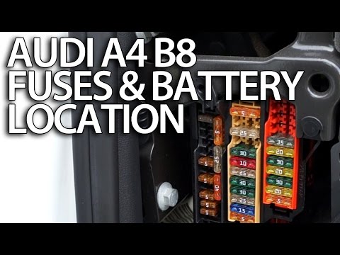 Where are fuses and battery in Audi A4 B8 (fusebox location, positive terminal for jumpstart)