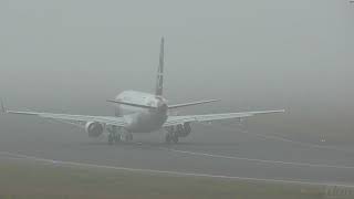 Airport in thick fog. Start and Landing at FRA Airport.