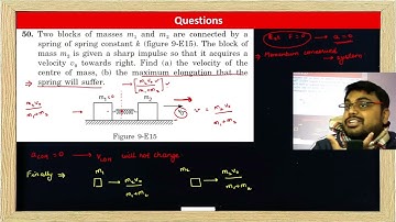 Two blocks of masses m1 and m2 are connected by aspring of spring constant k (figure 9-E15).