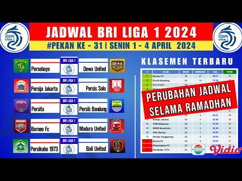Jadwal BRI Liga 1 2024 Pekan Ke 31 - Persita vs Persib Bandung - Persija vs Persis - Klasemen Liga 1