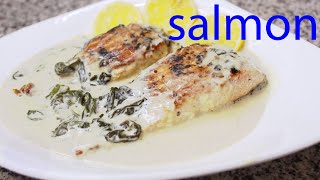 سلمون بالكريمة والسبانخ     Salmon with spinach