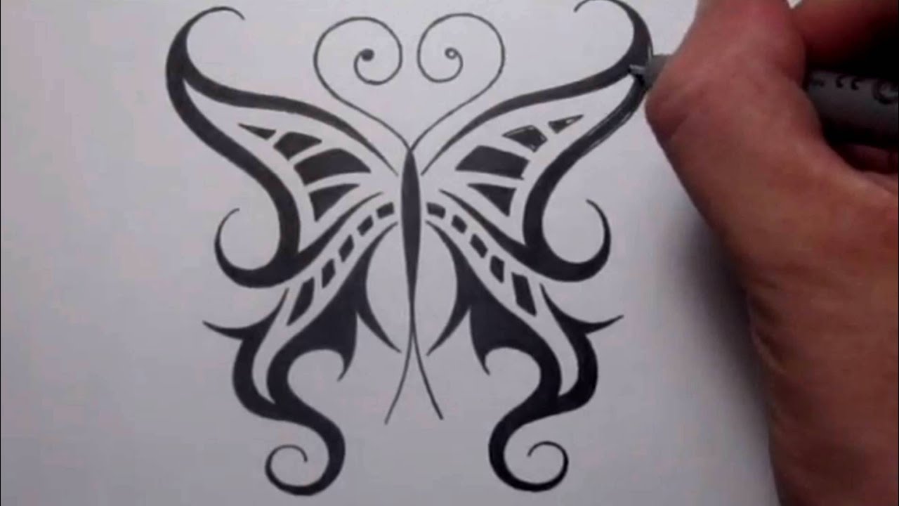 Drawing a Cool Tribal Butterfly Tattoo Design - YouTube