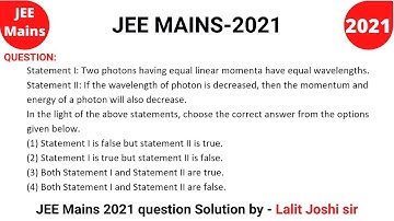 JEE Mains Question 2021 | Photons | Solution by Lalit Joshi Sir