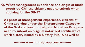 What management experience and origin of funds proofs do Chinese citizens need to submit for SINP?