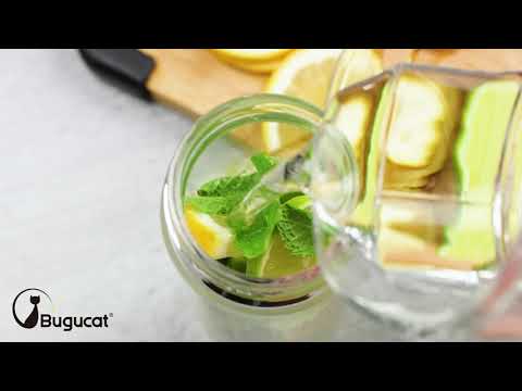 Bugucat Glasflasche, Trinkflasche aus Glas mit Bambusdeckel Schutzhülle，Wasserflasche Auslaufsicher