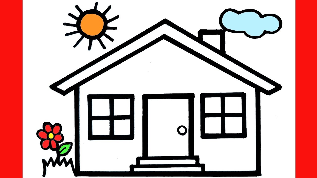 HOW TO DRAW A HOUSE   DRAWING A HOUSE CLOUD SUN AND FLOWER EASY STEP BY STEP   