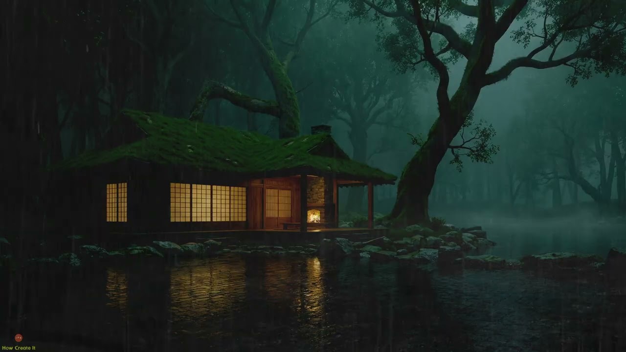 Heavy Rain Sound At Peaceful Forest Lake House With Green Roof And Misty Blue Night Glow