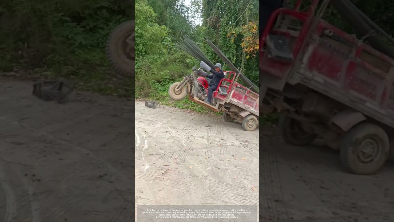 Process Of A Gasoline-Powered Tricycle Transporting Steel Bars To Climb A Slope !