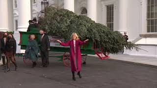 First Lady Jill Biden Receives the 2021 White House Christmas Tree with a D.C. National Guard Family