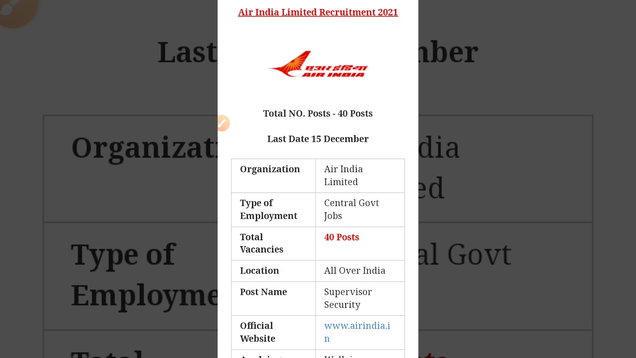 40 Posts - Air India Limited Recruitment 2021(All India Can Apply) - Last Date 15 December