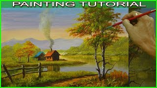 acrylic landscape painting river tutorial step autumn houses near lisondra