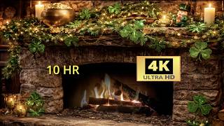 10 Hours Rustic Fireplace 🍀 St  Patrick’s Day Ambience with Real Wood Logs & Flames 4K