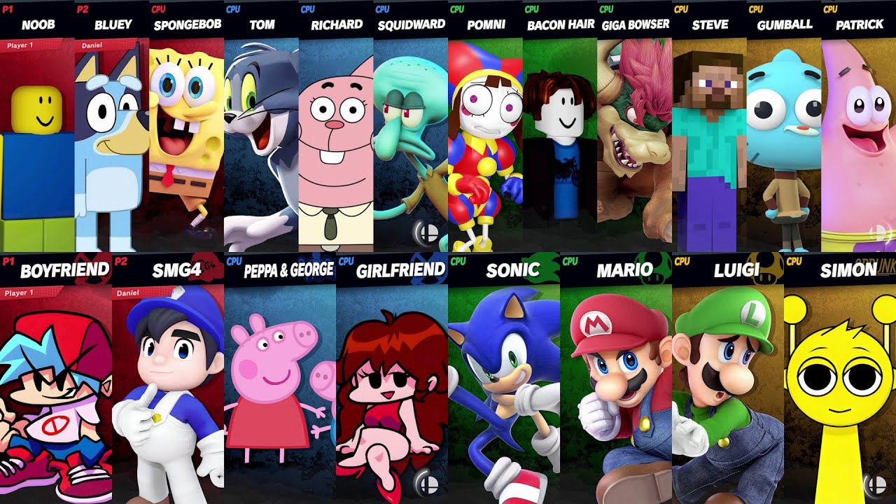 NEW Sonic vs Mario vs Roblox vs Minecraft vs Peppa vs Tom vs Bluey vs SpongeBob in Super Smash Bros
