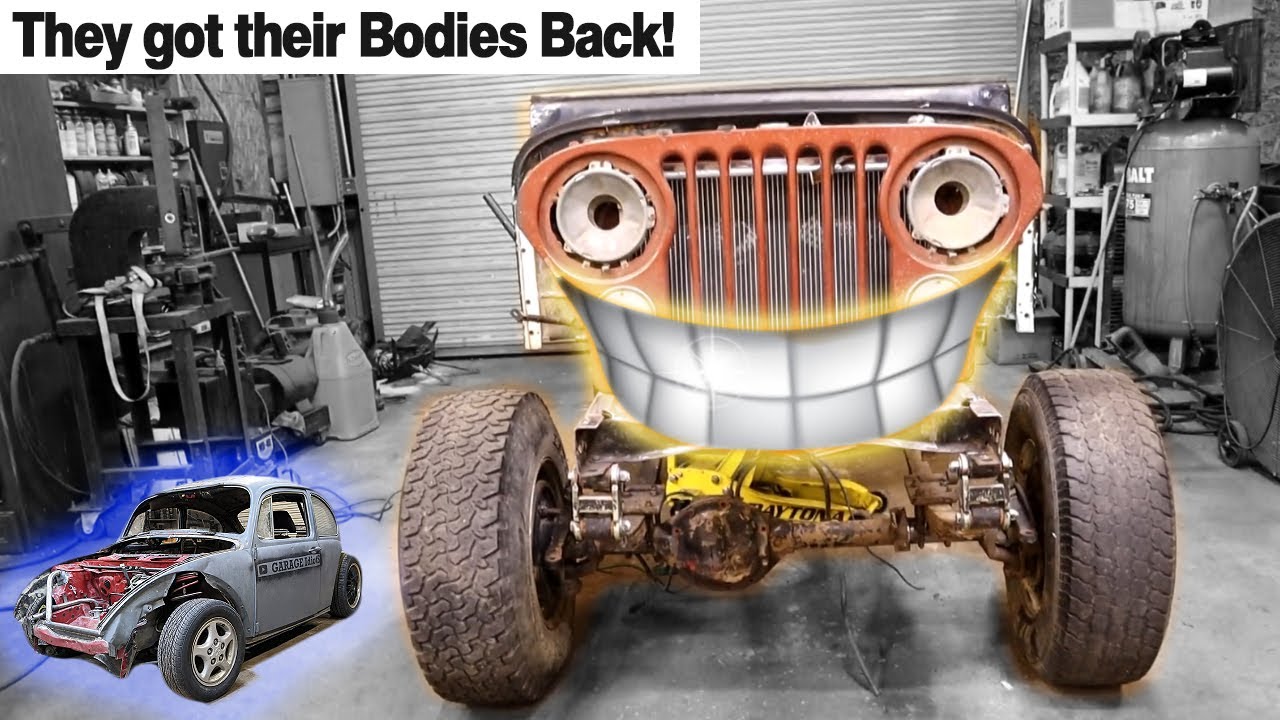 The Garage Idiots Toyota VW Bug and the Jeep CJ Get their Bodies back