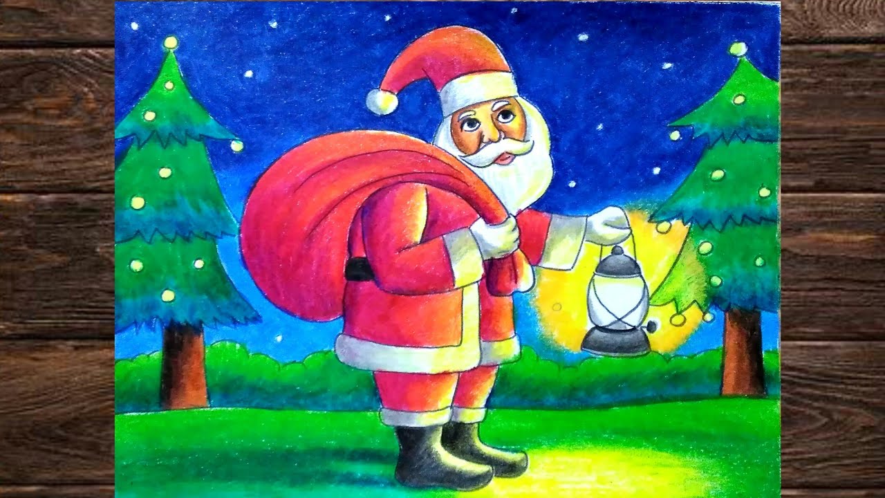 Christmas scenery drawing easy step by step/Santa claus drawing ...