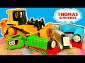 CAT Bulldozer, Kinetic Sand, Thomas & Friends Train Wrecking Toy Mashup FUN