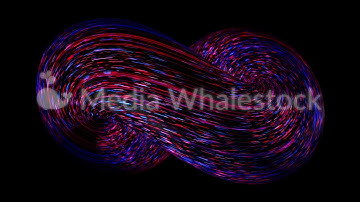 Abstract curve shaped figure of neon blue and pink colors moving on black background, seamless loop