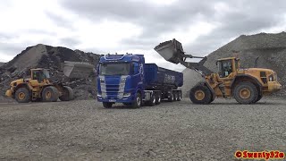 4K| Volvo L180F & 2x Volvo L180G Loading Dump Trucks In A Quarry