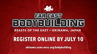 MCCS TV: Far East Bodybuilding 2024 REGISTRATION OPEN NOW
Attention all bodybuilders! Are you ready to take your passion to the next level and showcase your hard work and dedication? The Far East Bodybuilding Competition is coming in July and its time to start preparing! Visit our website for more information at okinawa.usmc-mccs.org/bodybuilding.
Spectator Tickets: $20 (Go on sale June 17th, 2024)
Competitor Entry:
Register online via Eventbrite by July 10 (11:30 p.m.)
$100 per person
Additional $50 for entry in a second division
Additional $40 for entry in a third division
Visit our social media and website to stay updated on all things MCCS!
Facebook: https://www.facebook.com/mccsokinawa/
Instagram: https://www.instagram.com/mccsoki/
Website: https://www.okinawa.usmc-mccs.org/ MCCS TV: Far East Bodybuilding 2024 REGISTRATION OPEN NOW
