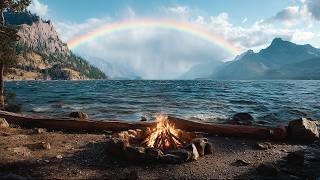 Rainbow Lakeside Campfire 🔥 Gentle Wave & Fire Sounds for Deep Sleep (4K, 4 Hour)