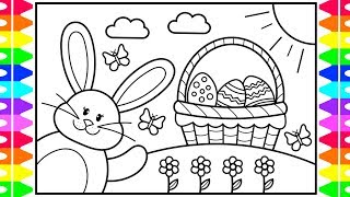 How to Draw a Cute Easter Bunny and Easter Eggs 🐰🌈💜💗💚 Easter Drawing and Coloring Page for Kids