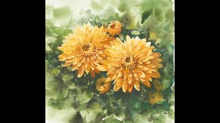 Yellow chrysanthemum - Flower watercolor (wet-in-wet, Arches rough)NAMIL ART shorts